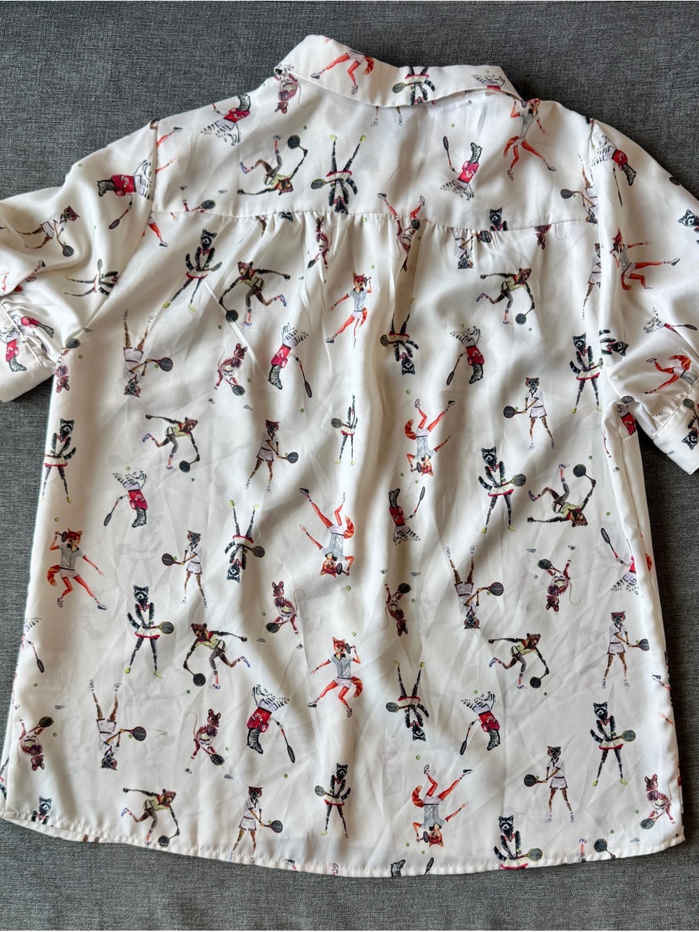 Modcloth Short-Sleeve Button-Up Shirt with Colorful Animals Playing Tennis - Picture 3 of 7